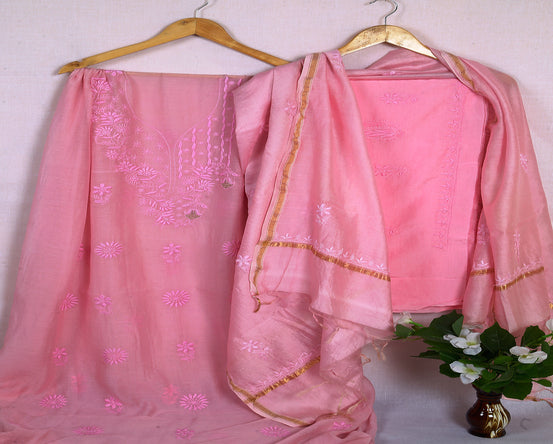 Hand Embroidered Chikankari Elegance Pink Suit Piece