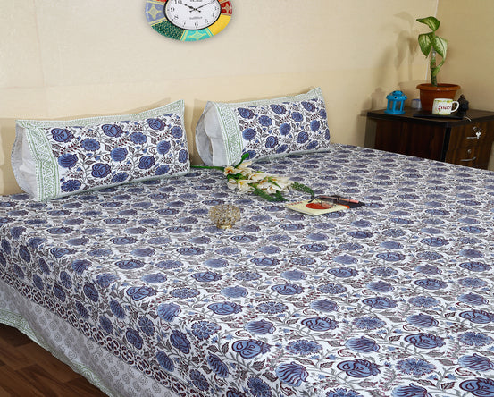 Handmade Blue Blossom Bedsheet with Natural Indigo Dye