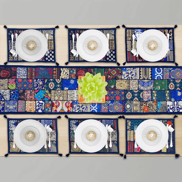Handmade Blue Kambhari Table Runner Set