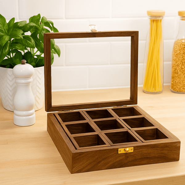 Handmade Wooden Spice Box with 9 Compartments