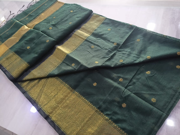 Green Silk Cotton Saree With Golden Border