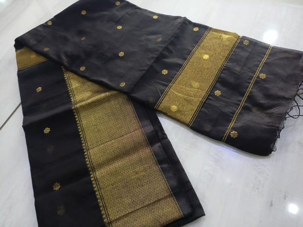 Black Silk Cotton Saree with Floral Motifs