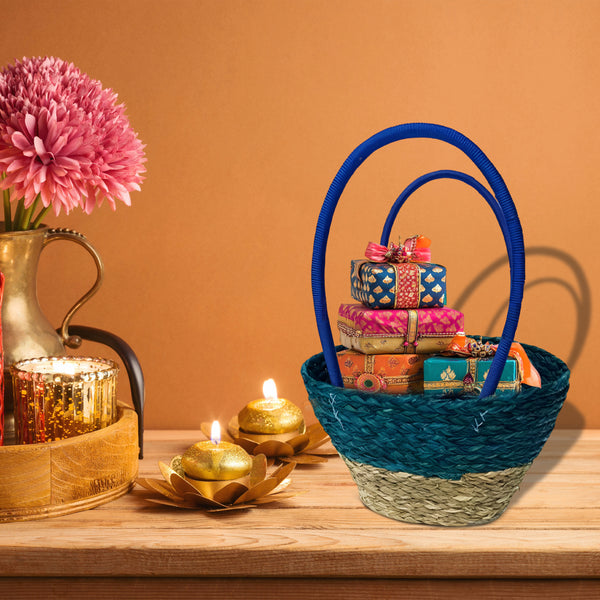 Handwoven Straw Tote Bag with Blue Handles