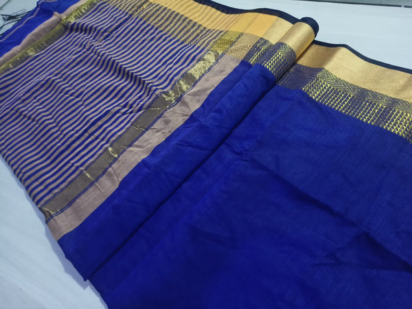 Blue Silk Cotton Saree with All-Over Zari Work