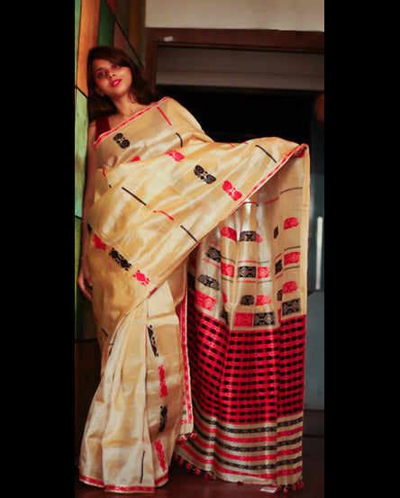 Handwoven Tassar Silk Natural Colour Saree with Unstitched Blouse Piece