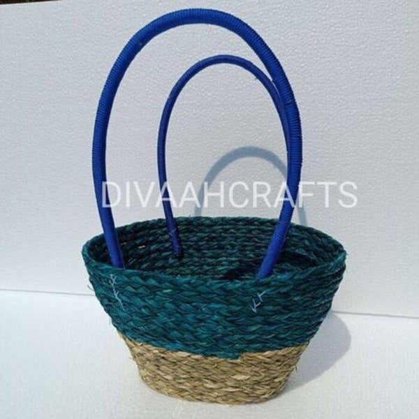 Handwoven Straw Tote Bag with Blue Handles