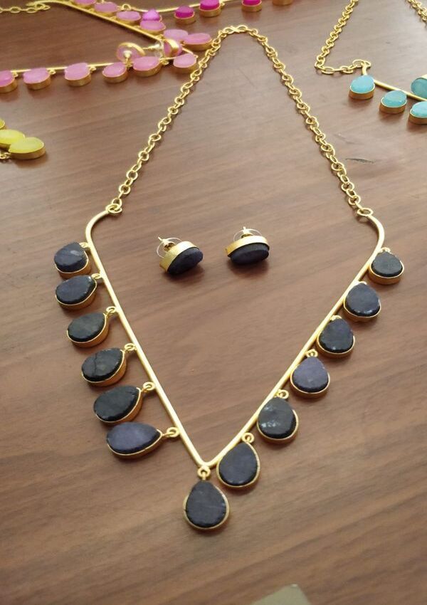 V-Shaped Brass Necklace with Black Drops