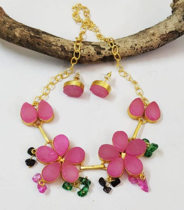 Gold-Plated Necklace and Earrings Set with Pink Gemstones