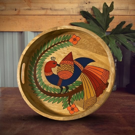 Round Peacock Mango Wood Handmade Tray