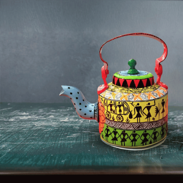 Hand-Painted Metallic Kettle, Madhubani Art