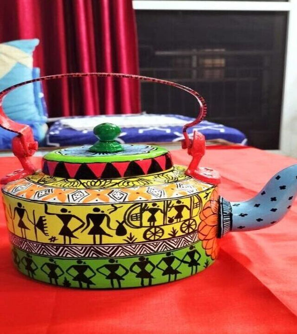 Hand-Painted Metallic Kettle with Madhubani Art