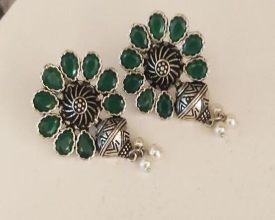 Oxidized Silver Earrings with Green Gemstones