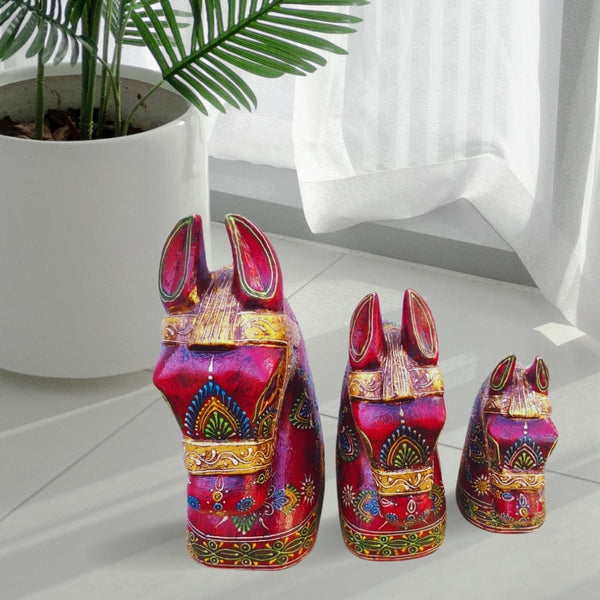 Multi Color Wooden Horse Bust - Set of 3