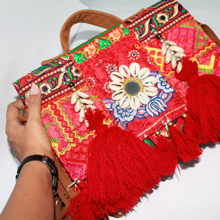 Handmade Kambhari Art Pink Color Traditional Hand Bag