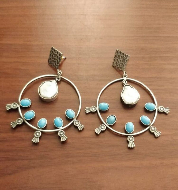 Silver-Plated Brass Earrings with Pearls and Turquoise