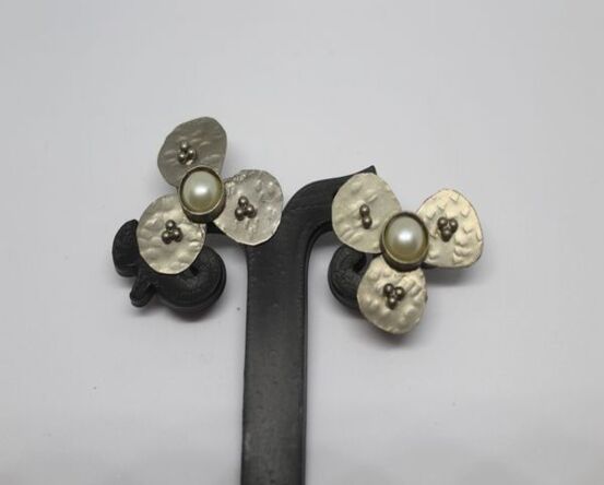 Silver-Plated Brass Earrings with Flower Design