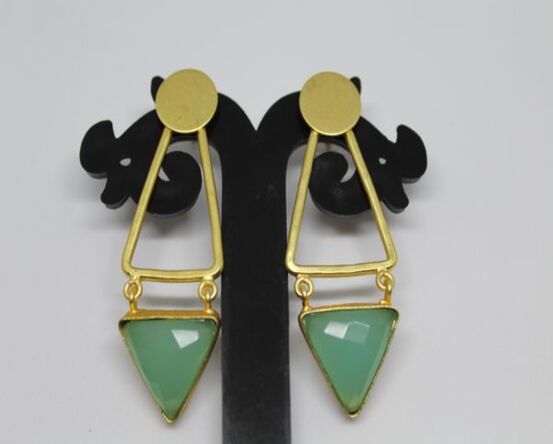 Gold-Plated Brass Earrings with Green Chalcedony