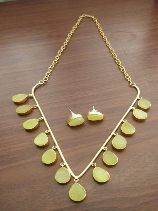 V-Shaped Brass Necklace with Yellow Drops