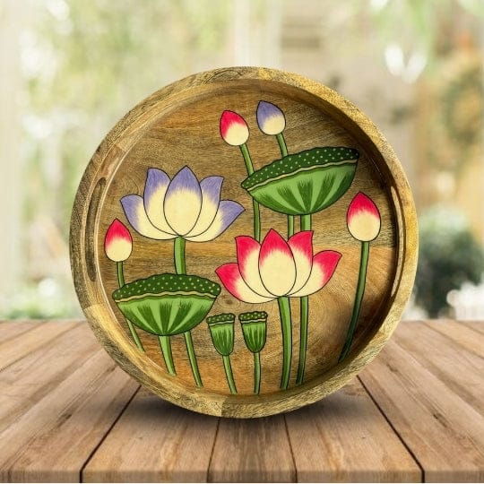 Mango Wood Tray with Lotus Motifs