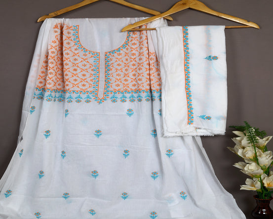 Handmade Chikankari Cotton Suit with Sky Blue and Orange Embroidery