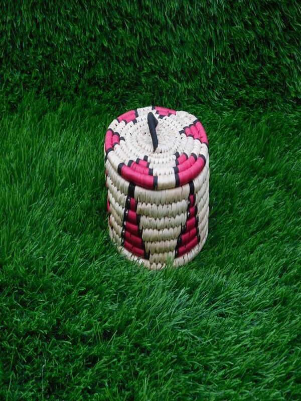 Red and Brown Woven Basket with Lid in Sabai Grass