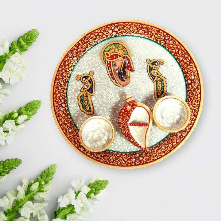 Traditional Meenakari Pooja Plate – Marble Finish