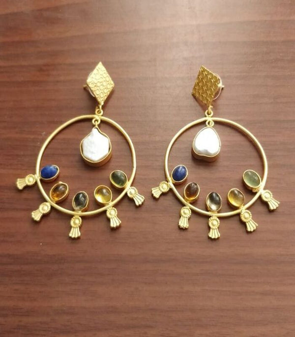 Gold-Plated Brass Earrings with Pearls and Gemstones