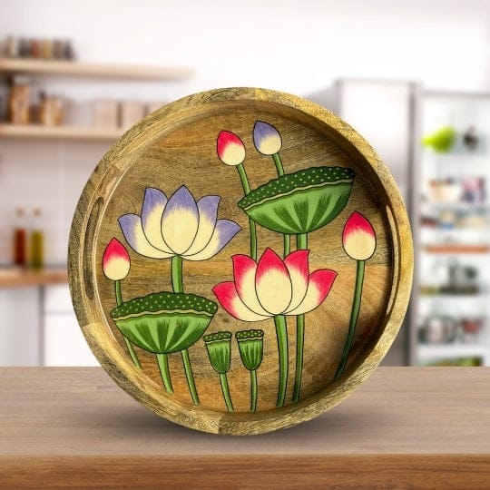 Mango Wood Tray with Lotus Motifs