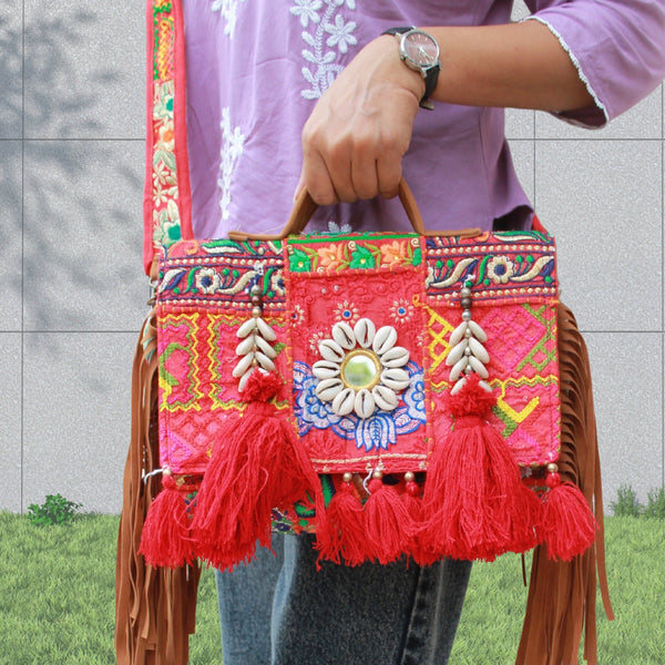 Handmade Kambhari Art Pink Color Traditional Hand Bag