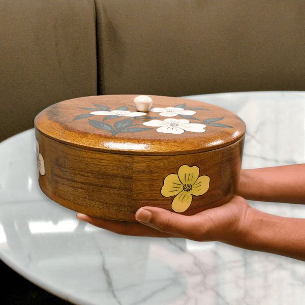 Handcrafted Wooden Roti and Bread Box with Floral Inlay