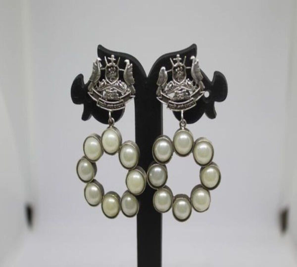 Oxidized Silver Earrings with Pearl Circle