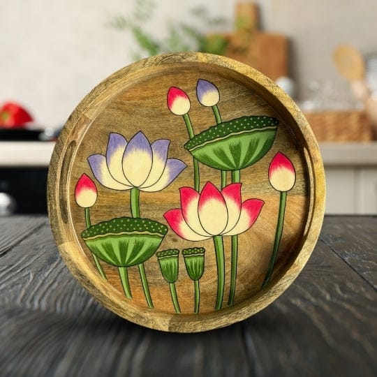 Mango Wood Tray with Lotus Motifs