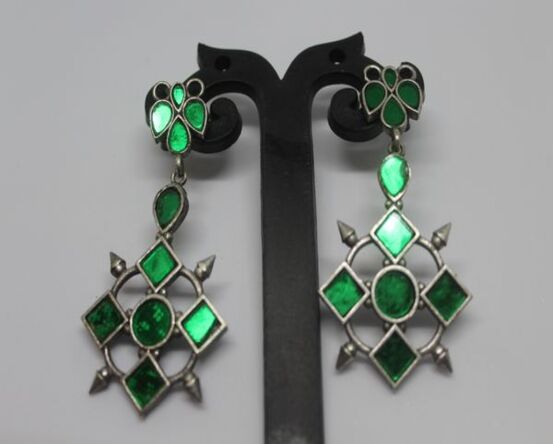 Antique Silver Earrings with Green Glass