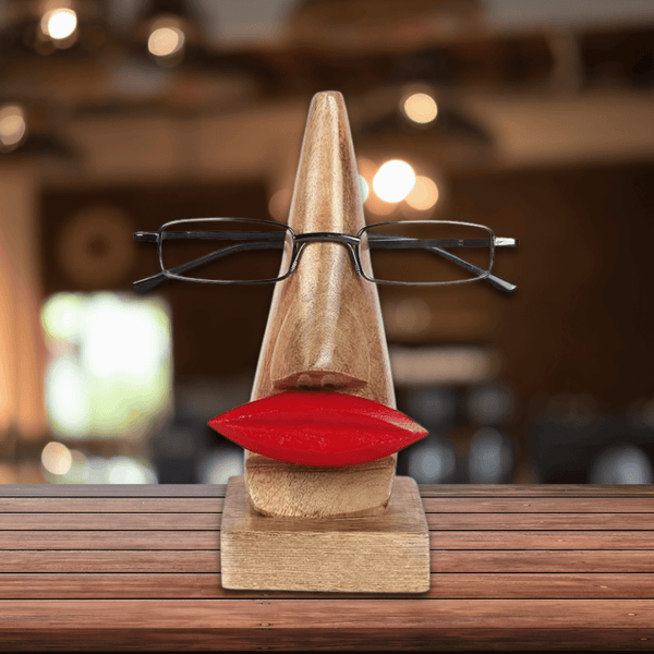 Handmade Wooden Face, Red Lips Spectacle Stand