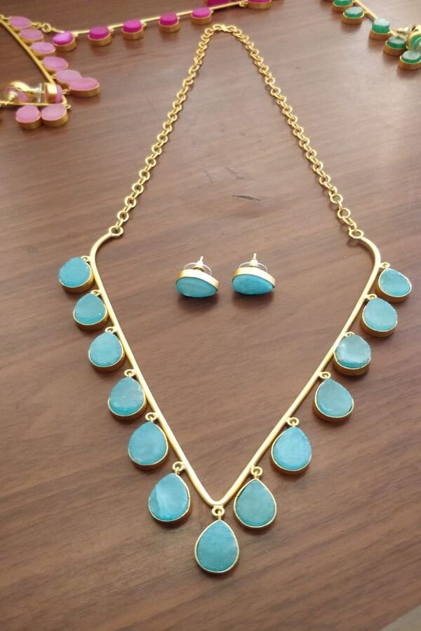 Blue Stone Drop Earrings Set