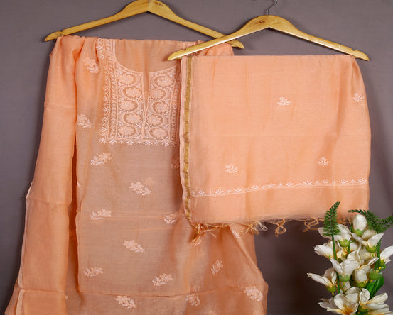 Peachy Chikankari Dream on Chanderi Weaves