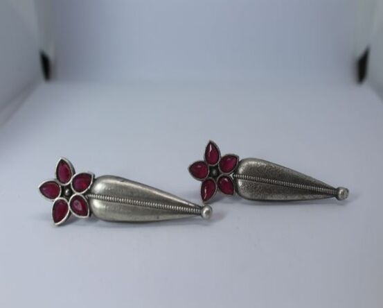 Oxidized Silver Earrings with Ruby Flower