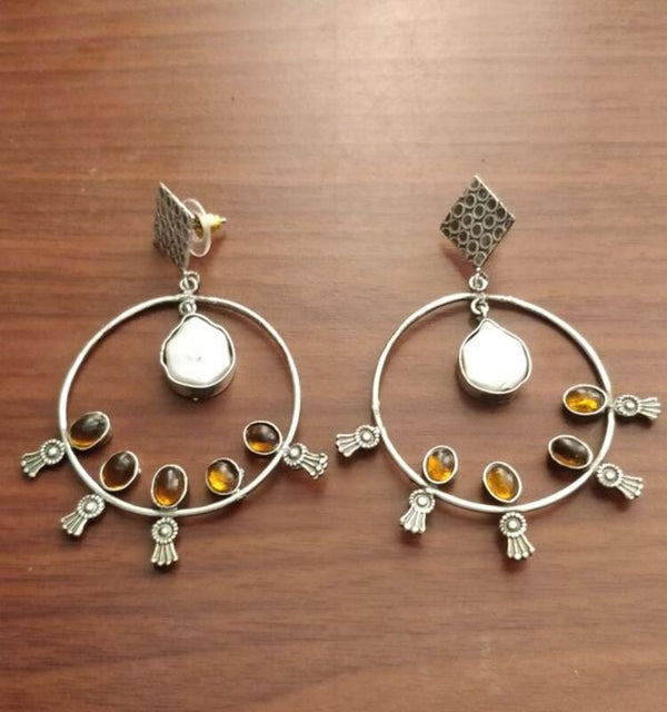 Silver-Plated Brass Earrings with Pearls and Amber