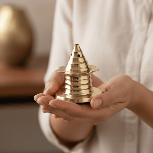 Handcrafted golden brass agarbatti stand for pooja rituals, made in Delhi