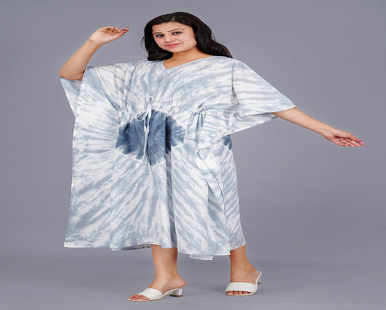 Tie-Dye Bliss - Pure Cotton Kaftan in Serene Blue and White