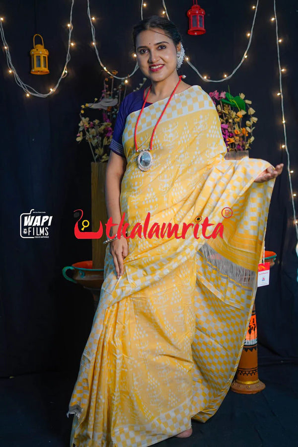 Yellow and Peach White Tribal Khandua Cotton Saree