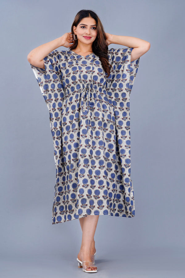 Handmade Block Print Blue Blossom Comfort Kaftan with High Quality Natural Indigo Dye