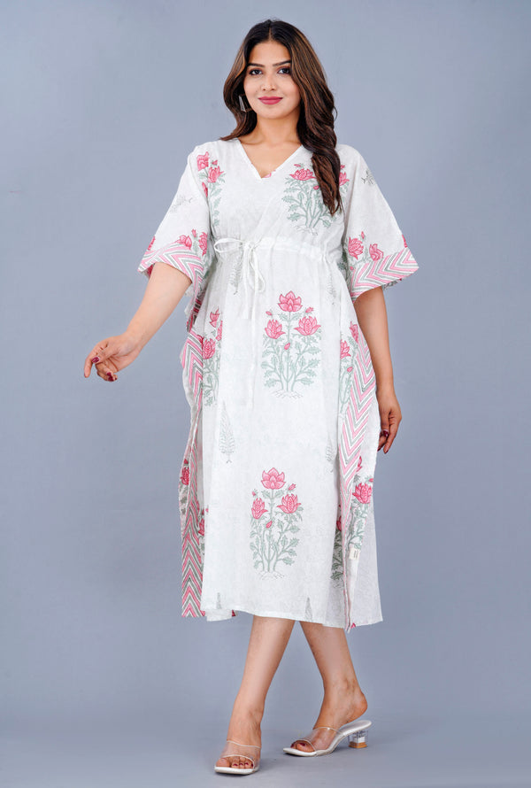 Floral Block Prints Blush Boom Kaftan in Handwoven Cotton