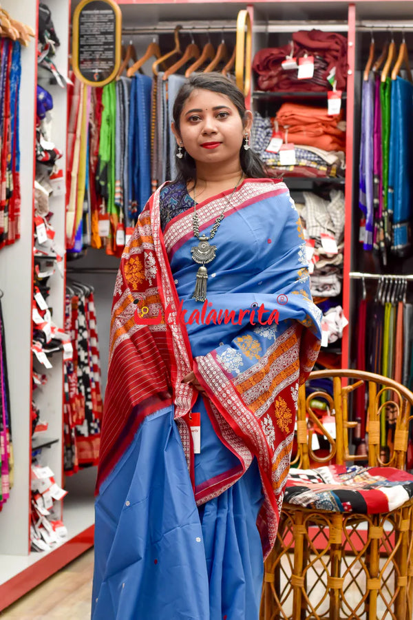 Blue Red Bomkai Cotton Saree