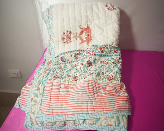 Vintage Charm Rajai With Floral and Traditional Block Prints(Light Blanket)