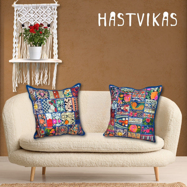 Bold Blue and Red Kambhari Cushion Covers with Macrame Pot Holder