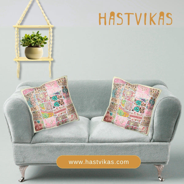 Soft Pink Kambhari Cushion Cover with Macrame Pot Holder