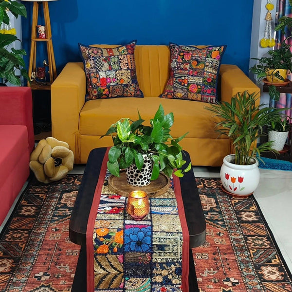 Bold Blue and Red Kambhari Cushion Covers and Table Runner