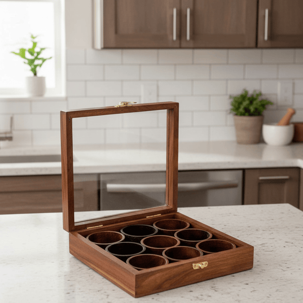 Wooden Masala Box with 9 Containers