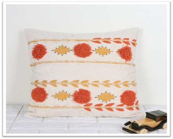 Modern Orange and Yellow Embroidered Handwoven Cotton Cushion Cover